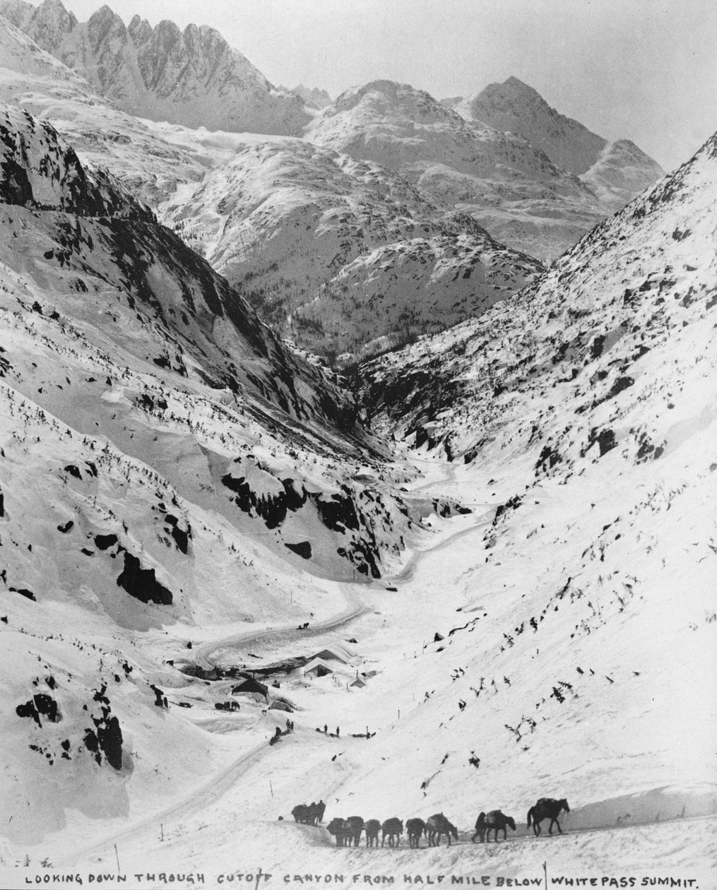 Patrząc w dół przez Cutoff Canyon z pół mili poniżej White Pass Summit, podczas klondike Gold Rush (1817-98) 1898 (zdjęcie czarno-białe) autorstwa American Photographer