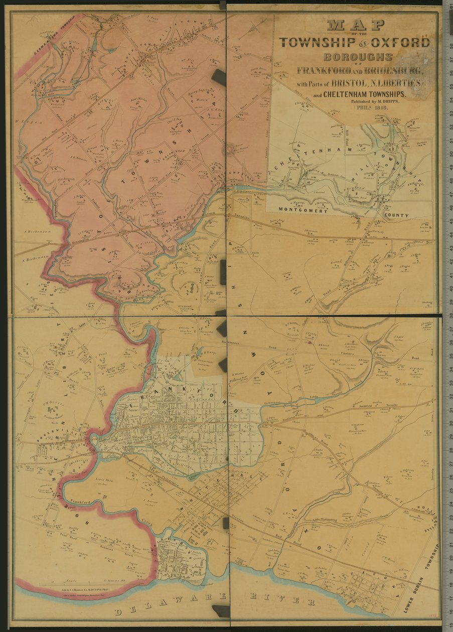 Mapa Township of Oxford, Boroughs of Frankford & Bridesburg z częściami Bristol, N. Liberties i Cheltenham Townships, 1849 autorstwa American Photographer