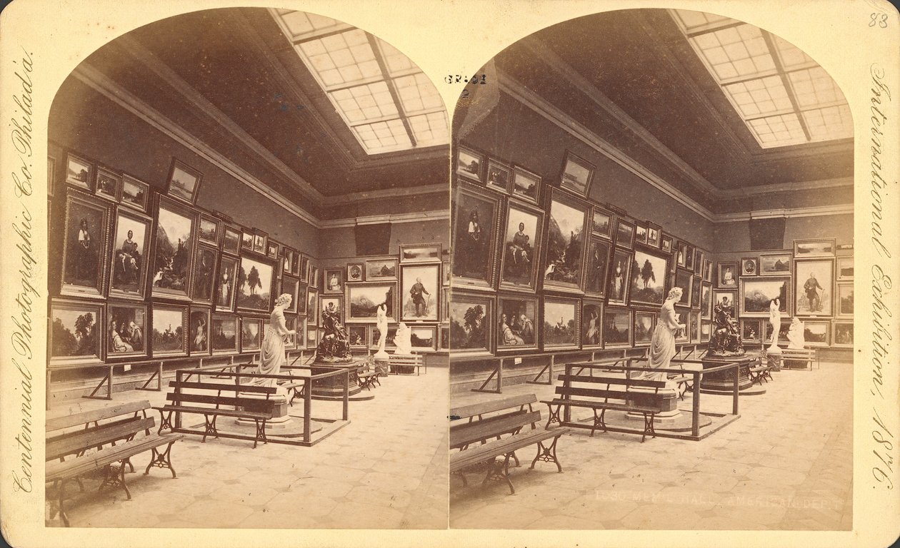 Memorial Hall, Departament Amerykański, Międzynarodowa Wystawa Stulecia 1876, Filadelfia (druk stereoskopowy) autorstwa American Photographer