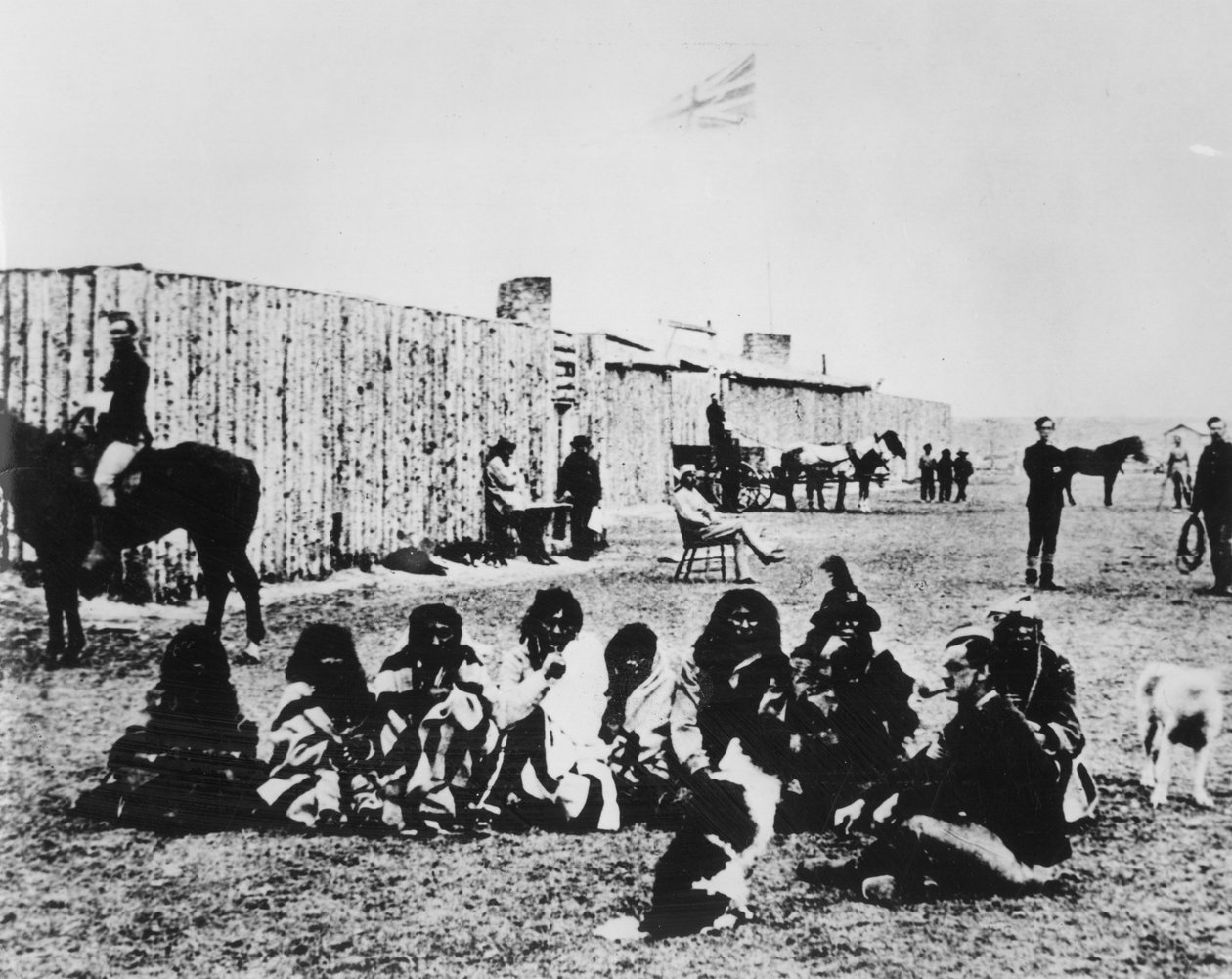 Policja konna północno-zachodnia w Fort Calgary w 1876 roku (zdjęcie czarno-białe) autorstwa American Photographer