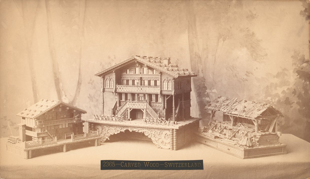 Chaty szwajcarskie, rzeźbione modele, Międzynarodowa Wystawa Stulecia w Filadelfii, 1876 (odbitka srebrna) autorstwa American Photographer