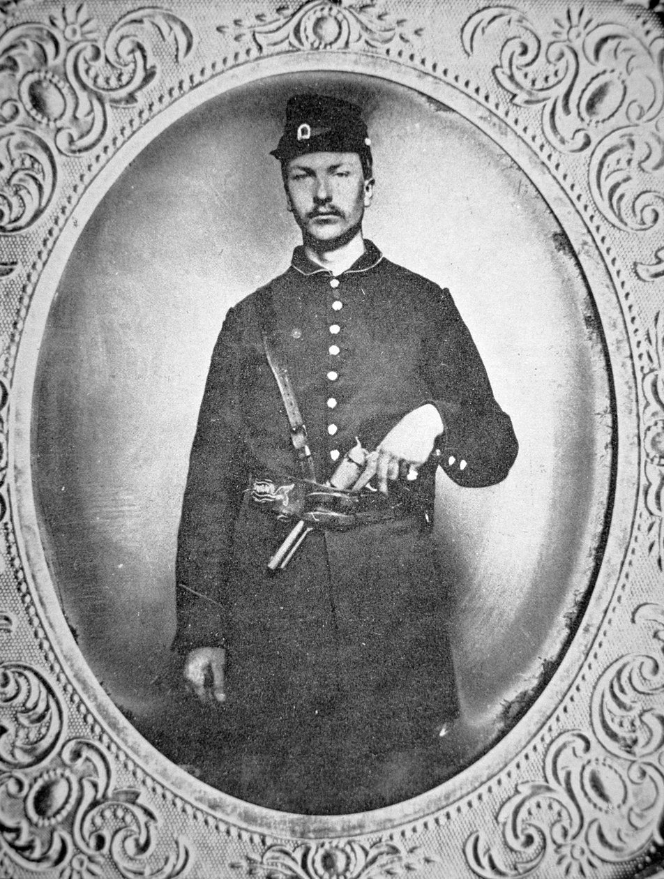Nieznany żołnierz Unii uzbrojony w rewolwer Colt Dragoon (zdjęcie czarno-białe) autorstwa American Photographer