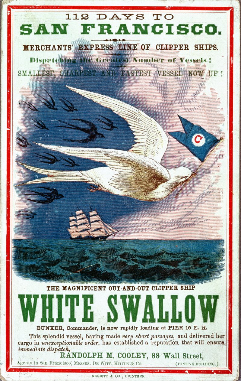 112 Days to San Francisco plakat reklamujący Merchants Express Line of Clipper Ships, White Swallow autorstwa American School