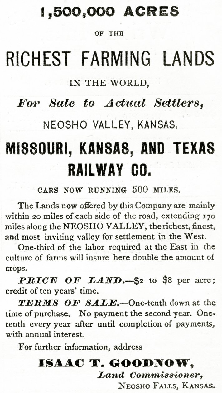 1 500 000 akrów najbogatszych ziem uprawnych na świecie, w dolinie Neosho w stanie Kansas, ogłoszenie z Appletons Journal, 4 maja 1872 r. autorstwa American School