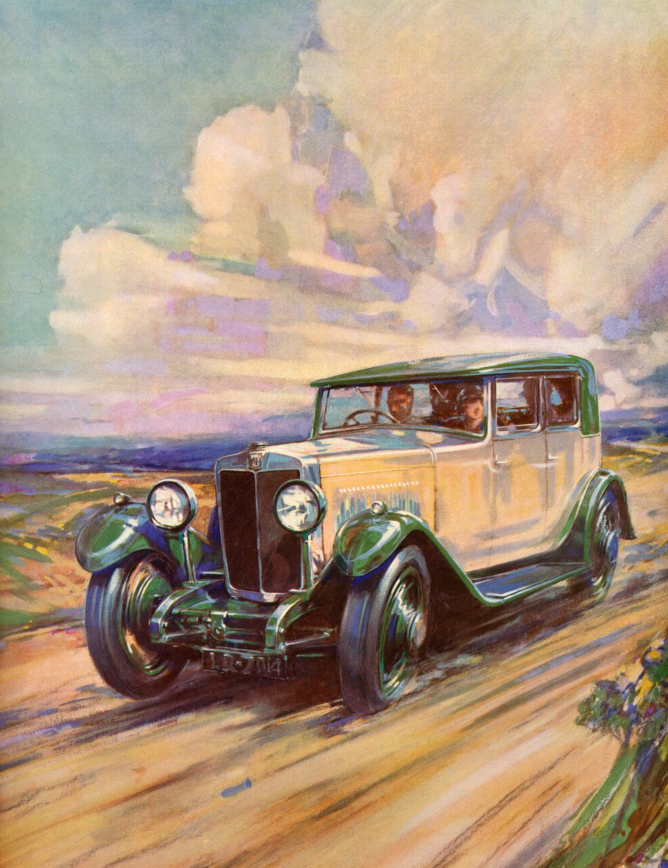 Roadster z lat 20. pędzący po polnej drodze autorstwa American School