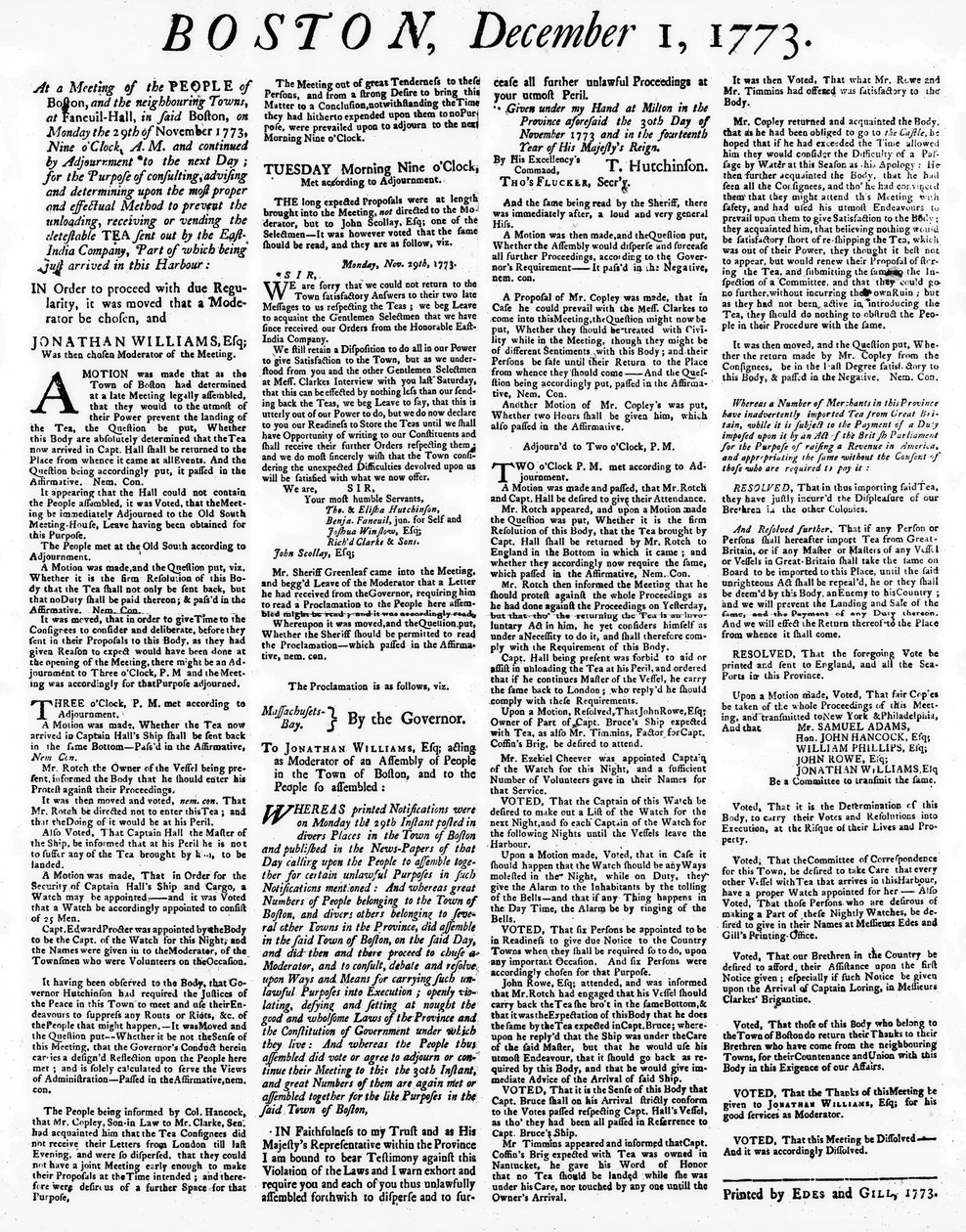 Gazeta Broadside opisująca wydarzenia z Boston Tea Party, grudzień 1773 (druk) autorstwa American School