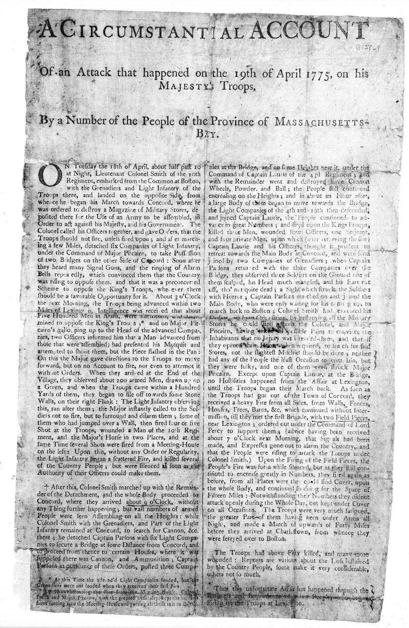 Okolicznościowe sprawozdanie z ataku..., wydrukowane 1775 (druk) autorstwa American School