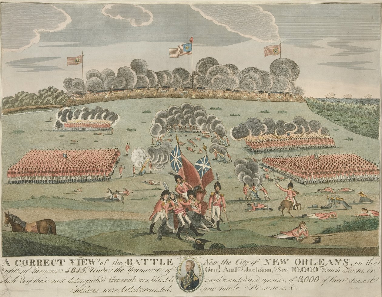 Prawidłowy widok bitwy w pobliżu miasta Nowy Orlean, wyd. c.1815 (Ręczne grawerowanie kolorowe) autorstwa American School