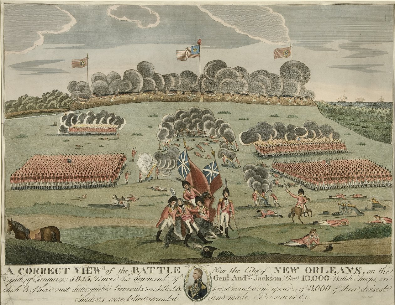 Prawidłowy widok bitwy w pobliżu miasta Nowy Orlean, wyd. c.1815 (ręcznie kolorowe grawerowanie) autorstwa American School