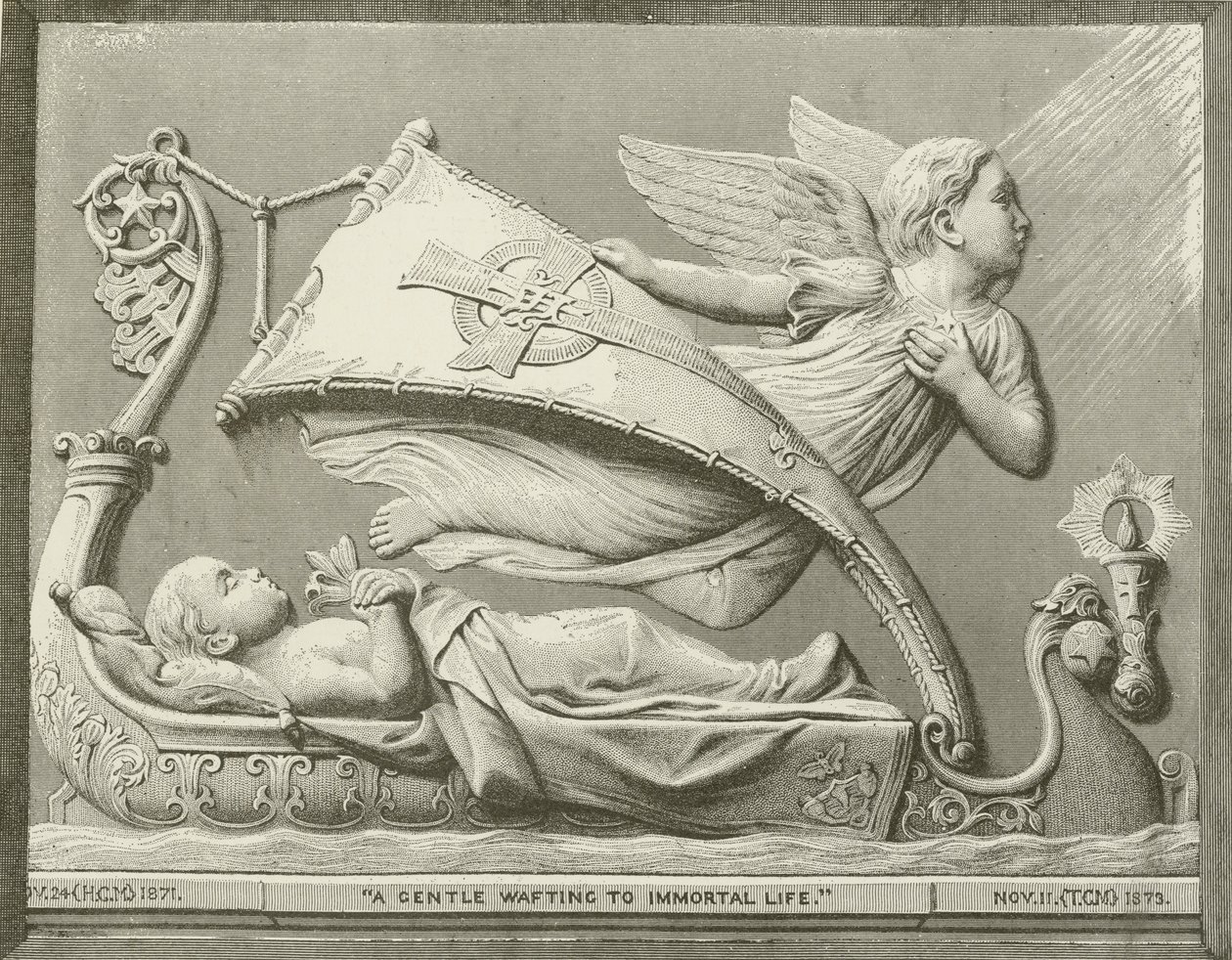 "Delikatny powiew do nieśmiertelnego życia" z rzeźby F M Millera (rycina) autorstwa American School