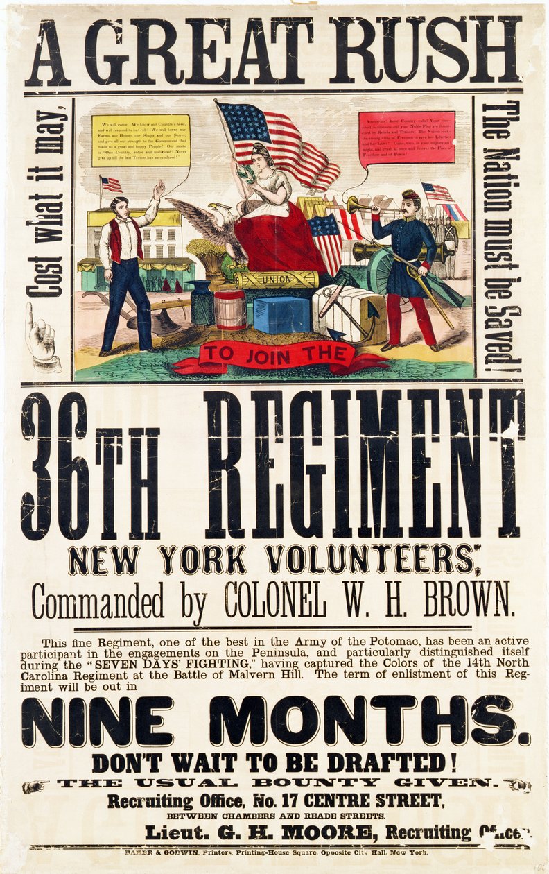 Wielki Gorączka, plakat rekrutacyjny do 36 Pułku, wydany przez Baker & Goodwin autorstwa American School