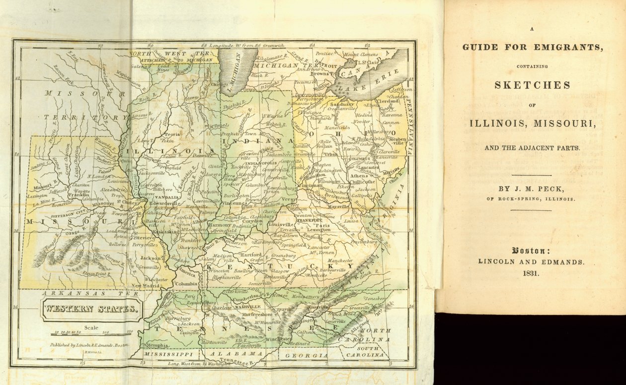 A Guide for Emigrants, zawierający szkice Illinois, Missouri i przyległych części, autorstwa J.M. Peck, opublikowany przez Lincoln and Edmands, Boston, 1831 autorstwa American School