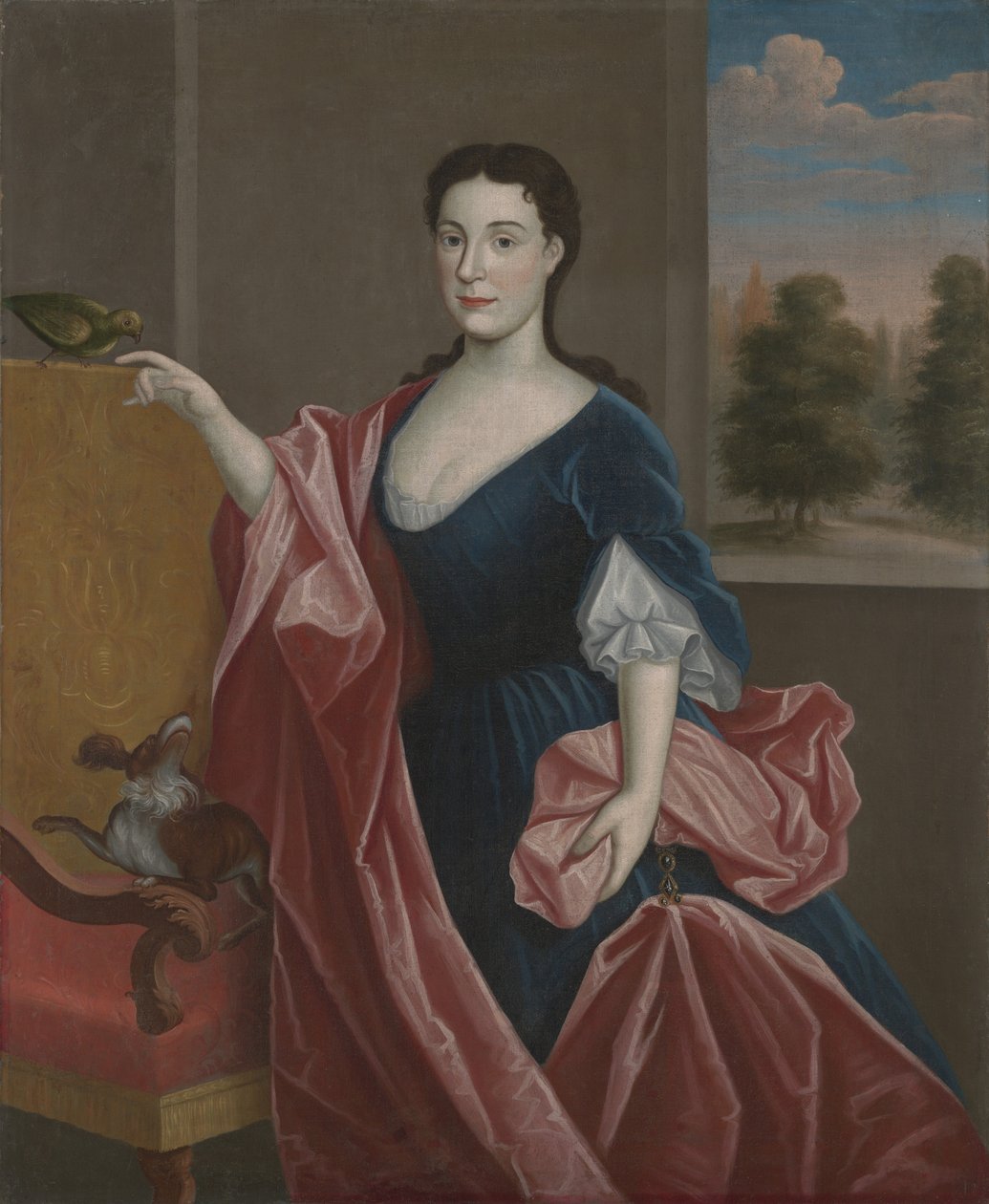 Dama z Doliny Hudson z psem i papugą, ok. 1720-30 autorstwa American School