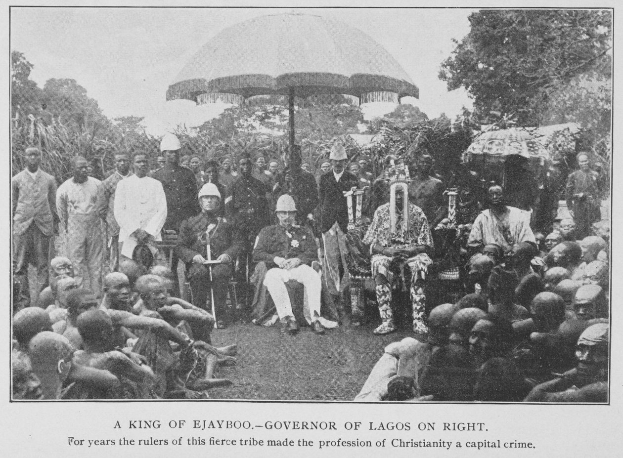 Król Ejayboo i gubernator Lagos, ilustracja z „W lesie i dżungli Afryki, czyli sześć lat wśród Jorubów”, autorstwa R.H. Stone