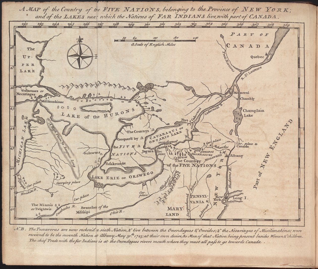 A Map of the country of the Five Nations, belonging to the province of New York; and of the lakes near which the nations of far Indians live, with part of Canada, by Cadwallader Colden autorstwa American School