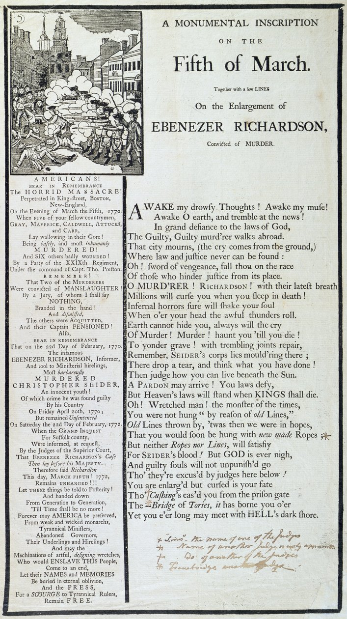 Monumentalna inskrypcja 5 marca 1772 r. (druk) autorstwa American School