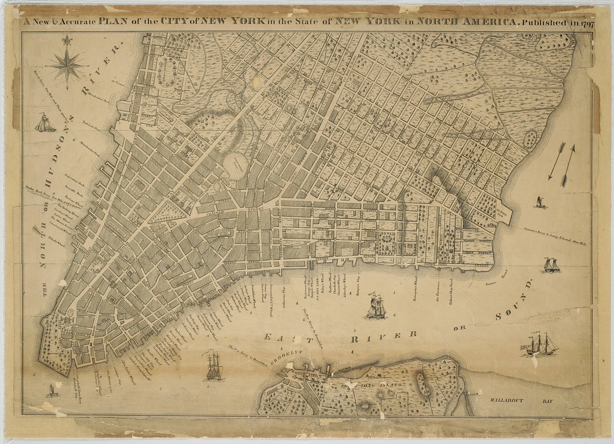 Nowy i dokładny plan miasta Nowy Jork w stanie Nowy Jork w Ameryce Północnej, opublikowany w 1797, 1797 (czarnym i kolorowym tuszem na papierze, pokryty tkaniną) autorstwa American School