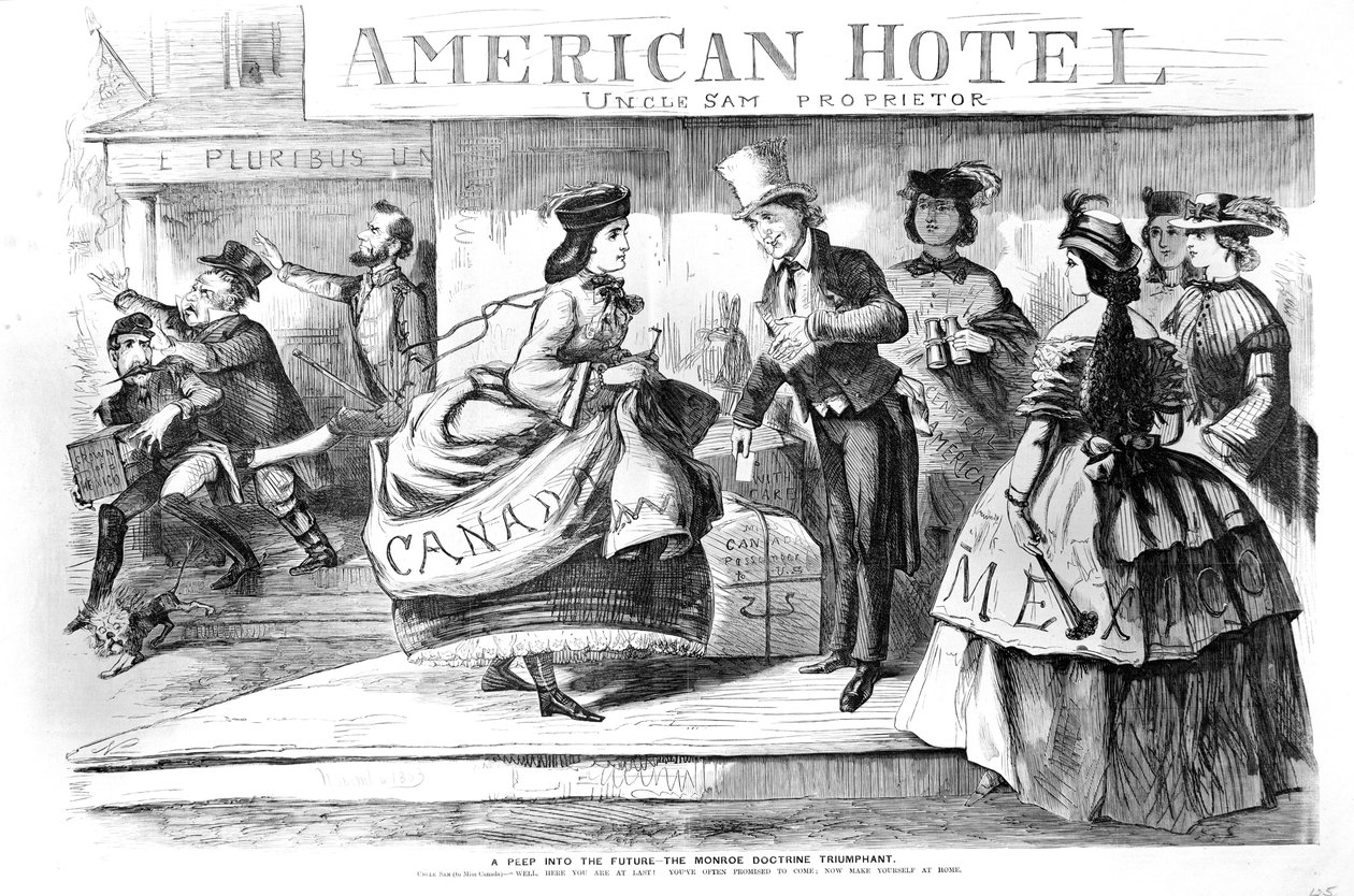 Spojrzenie w przyszłość — kreskówka Monroe Doctrine Triumphant z filmu Frank Leslies Budget of Fun, listopad 1863 autorstwa American School