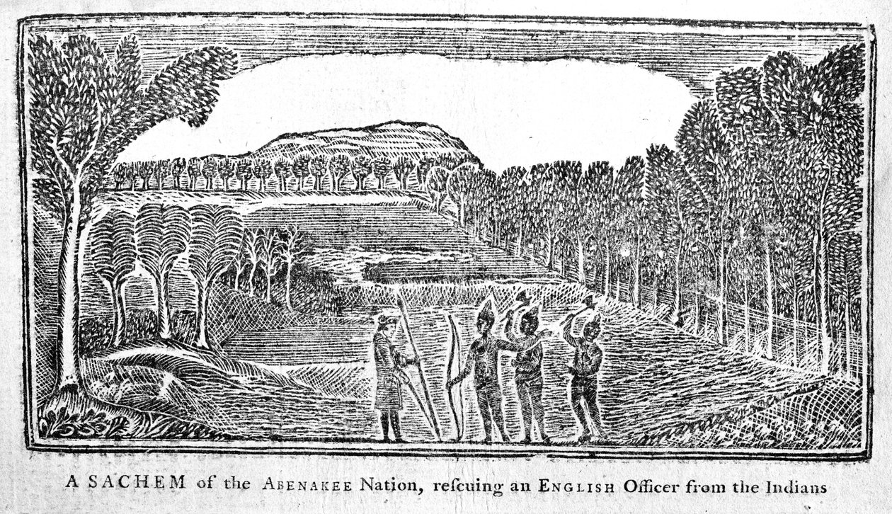 Sachem of the Abenakee Nation ratujący angielskiego oficera, ilustracja z Bickerstaffs Boston Almanack, opublikowana w 1768 r. autorstwa American School