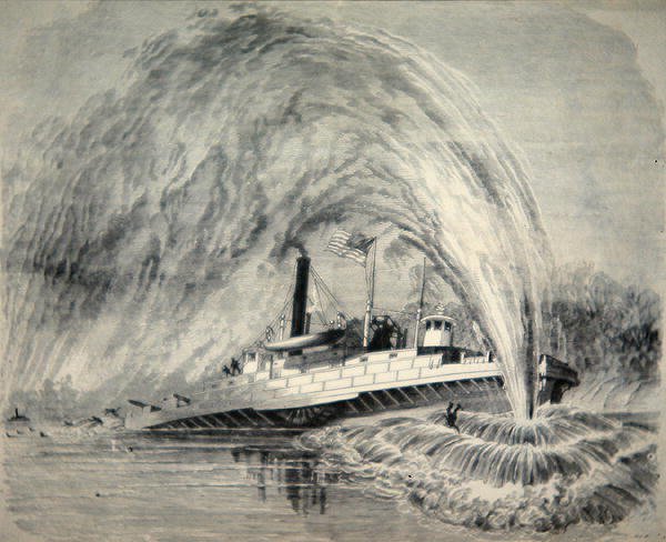 Torpeda eksploduje pod Federal Gun-Boat „Commodore Barney” na James River, 4 sierpnia 1863 (grawerowanie linii) autorstwa American School