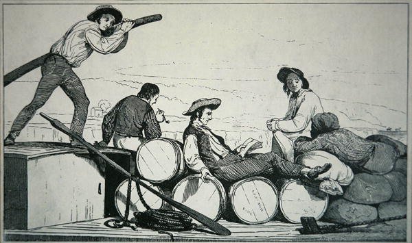 Płaska łódź przewożąca ładunek na rzece Missisipi, ok. 1840 (rycina) autorstwa American School
