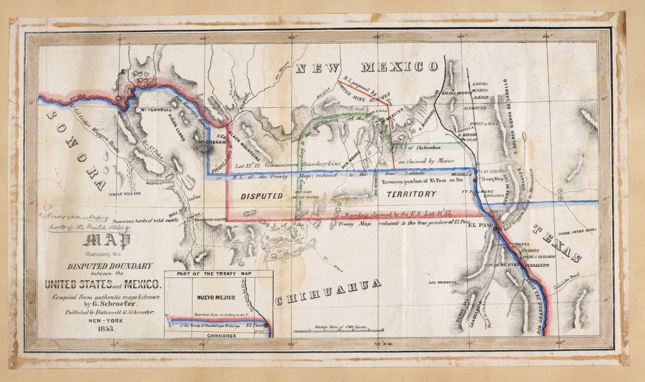 Mapa ilustrująca sporną granicę między Stanami Zjednoczonymi a Meksykiem autorstwa American School