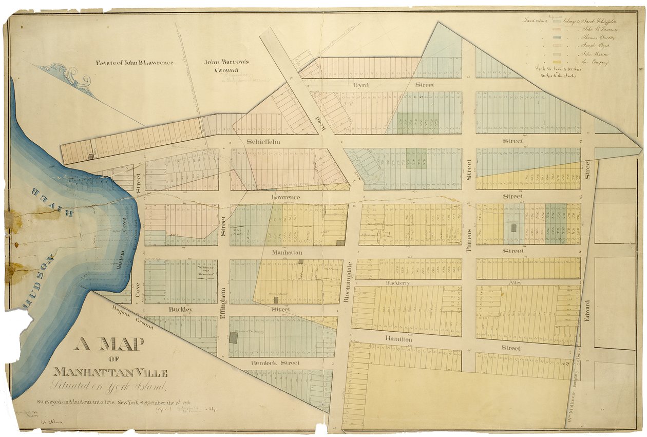 Mapa Manhattanville Położone na York Island / zbadane i rozłożone na parcele przez Adolphusa Loss ; skopiowane RJ Unik., 1850 autorstwa American School