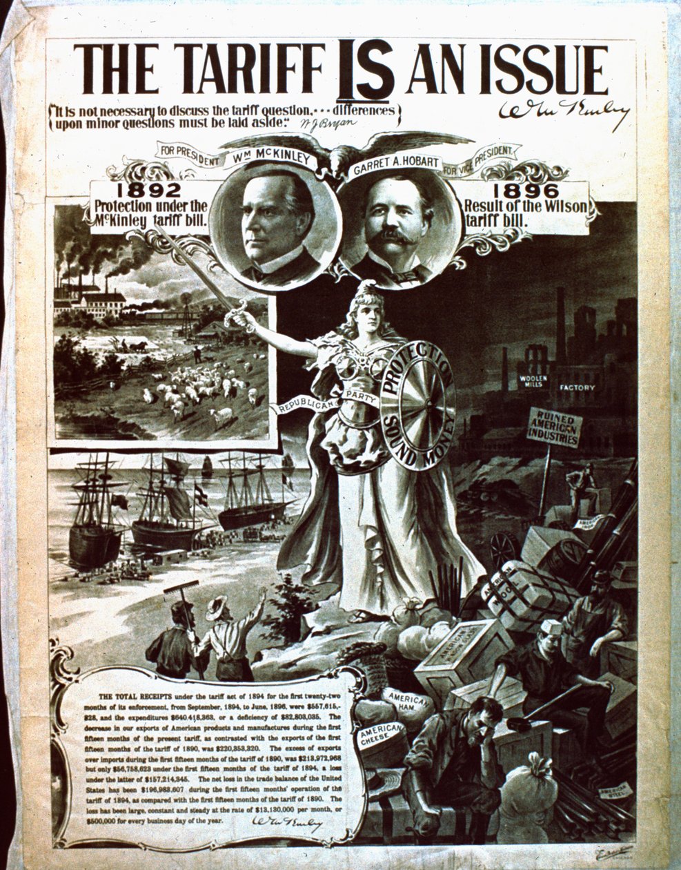 Plakat polityczny promujący kodeks podatkowy McKinleya nad Wilsons autorstwa American School
