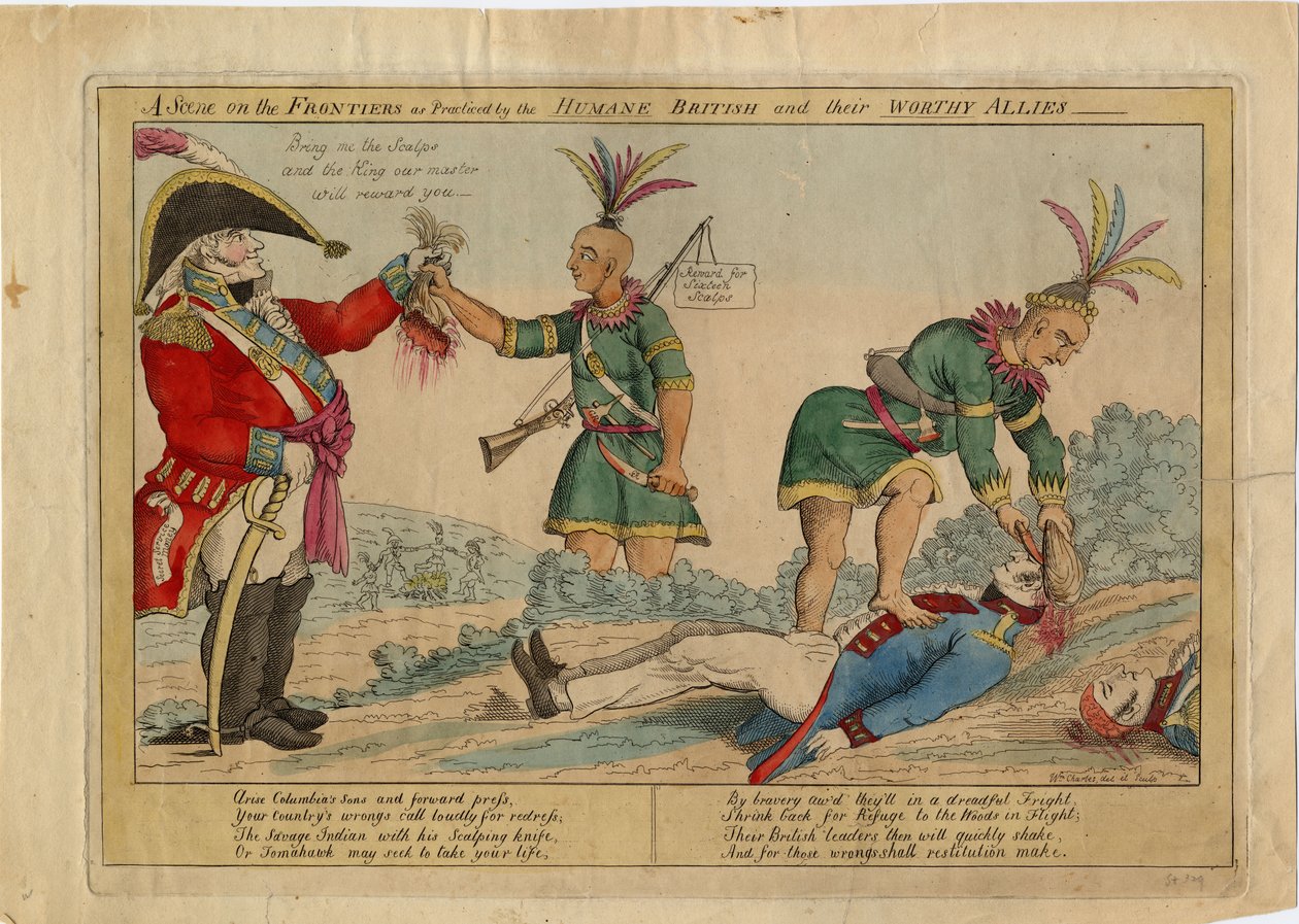 Scena na pograniczach praktykowana przez humanitarnych Brytyjczyków i ich godnych sojuszników, ok. 1813 r. (akwaforta ręcznie kolorowana) autorstwa American School