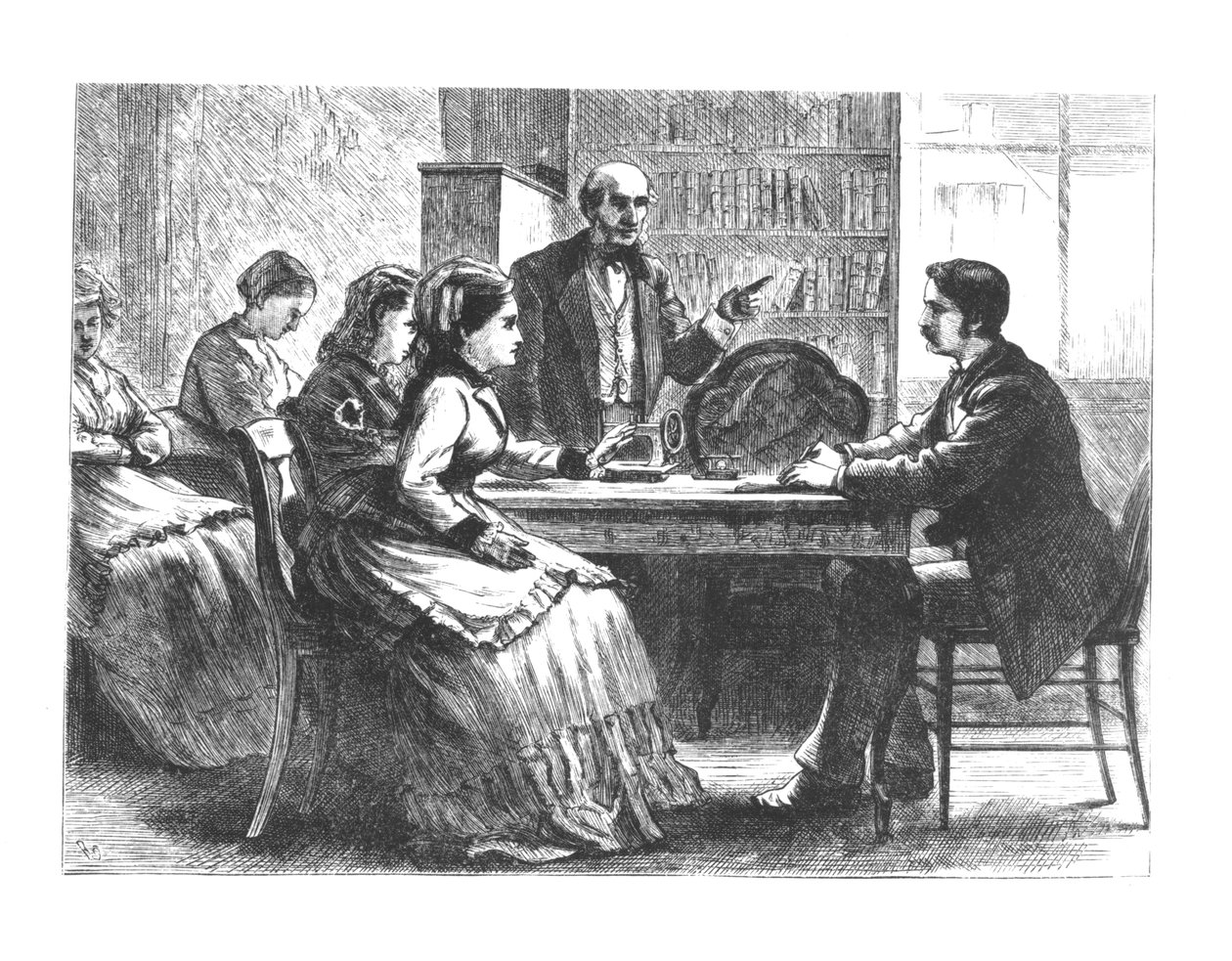 Kobieta negocjuje z kierownikiem fabryki, wspomagana przez doradcę z nowego Stowarzyszenia Ochrony Kobiet Pracujących Susan B. Anthony, lata 1860-70 autorstwa American School