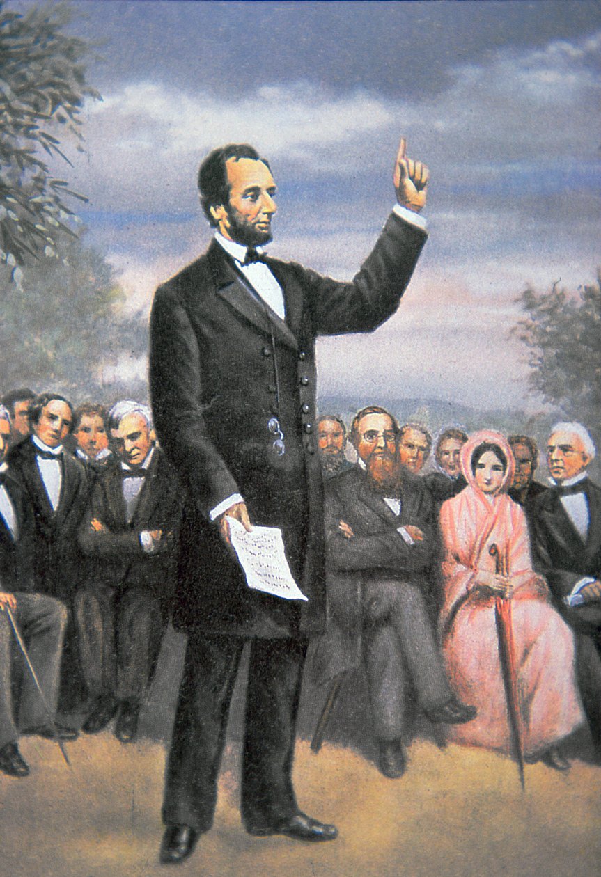 Abraham Lincoln (1809-65) dostarczający adres Gettysburga w Gettysburgu, Pensylwania, listopad 1863 (kolor lito) autorstwa American School