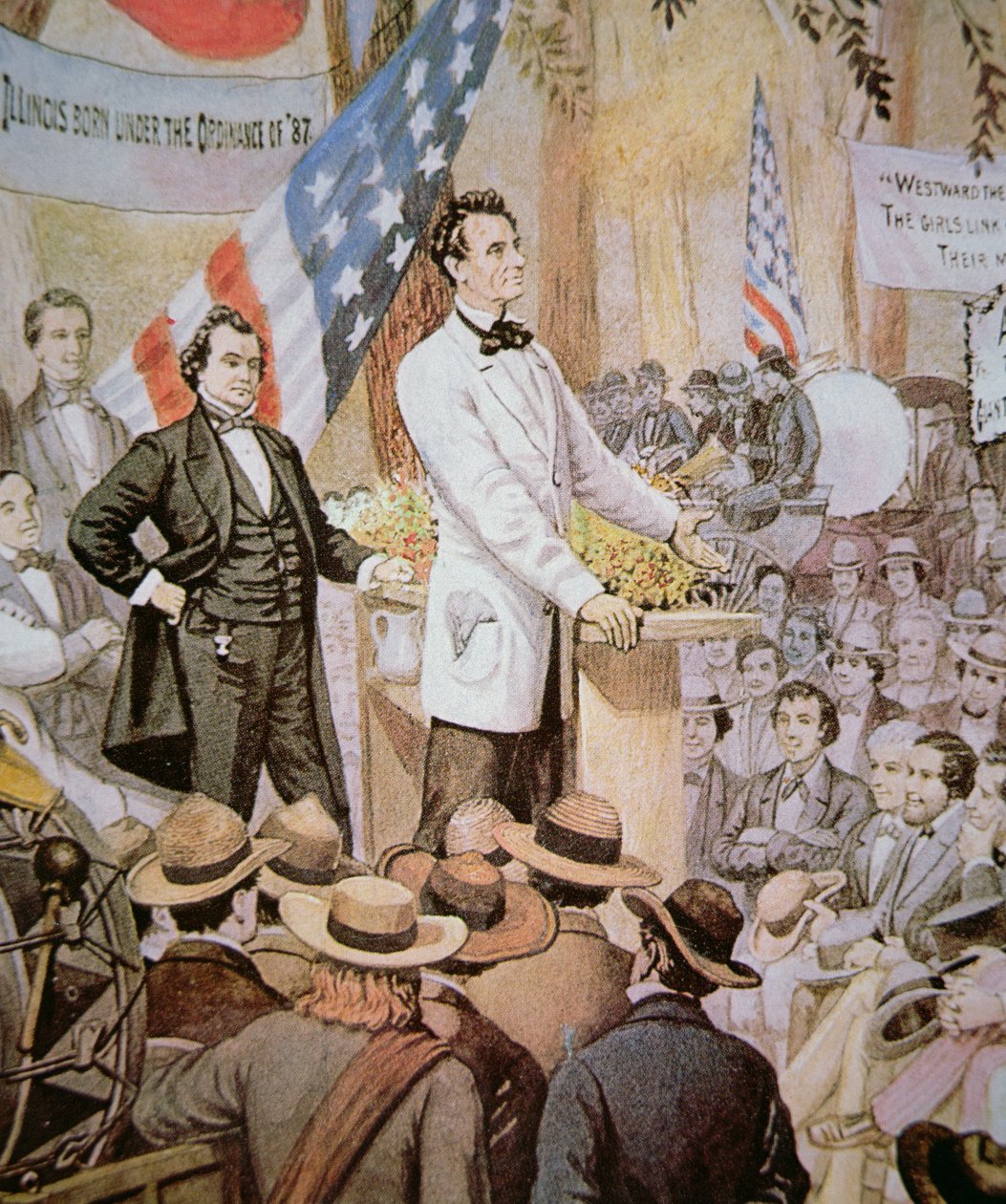 Abraham Lincoln (1809-65) w debacie publicznej ze Stephenem A. Douglasem (1813-61) w Illinois autorstwa American School