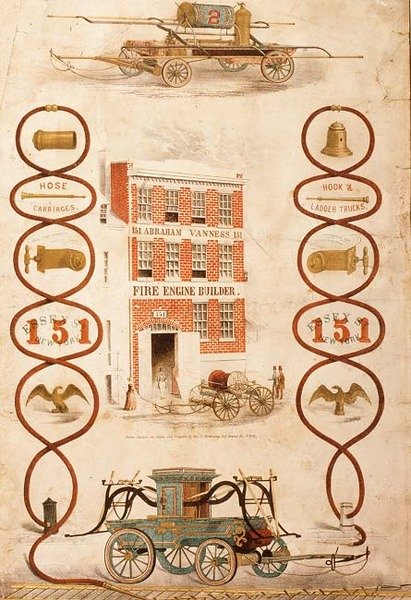 Reklama dla Abrahama Vannessa, konstruktora wozów strażackich i producenta sprzętu przeciwpożarowego, pub. przez Geo. G. Gratacap, Nowy Jork, ok. 1850 (lito) autorstwa American School