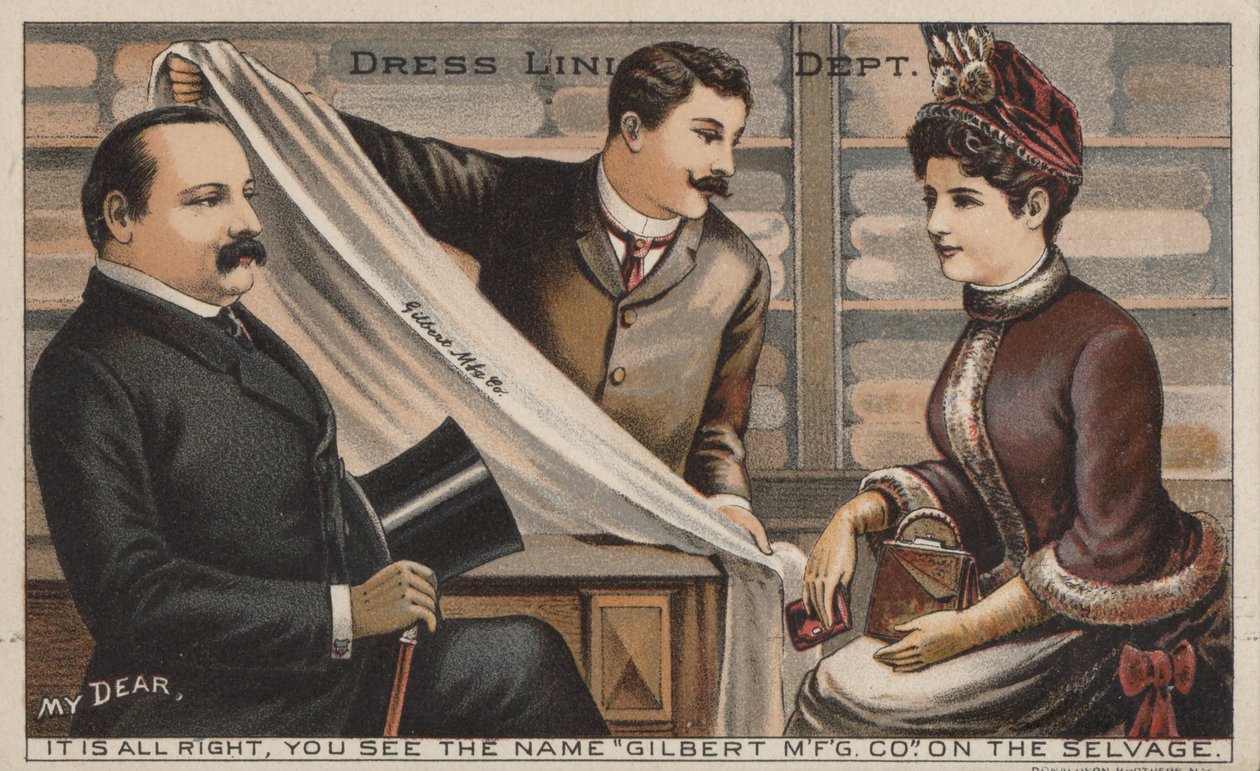 Reklama tkaniny Gilbert Manufacturing Company (kolorowa litografia) autorstwa American School