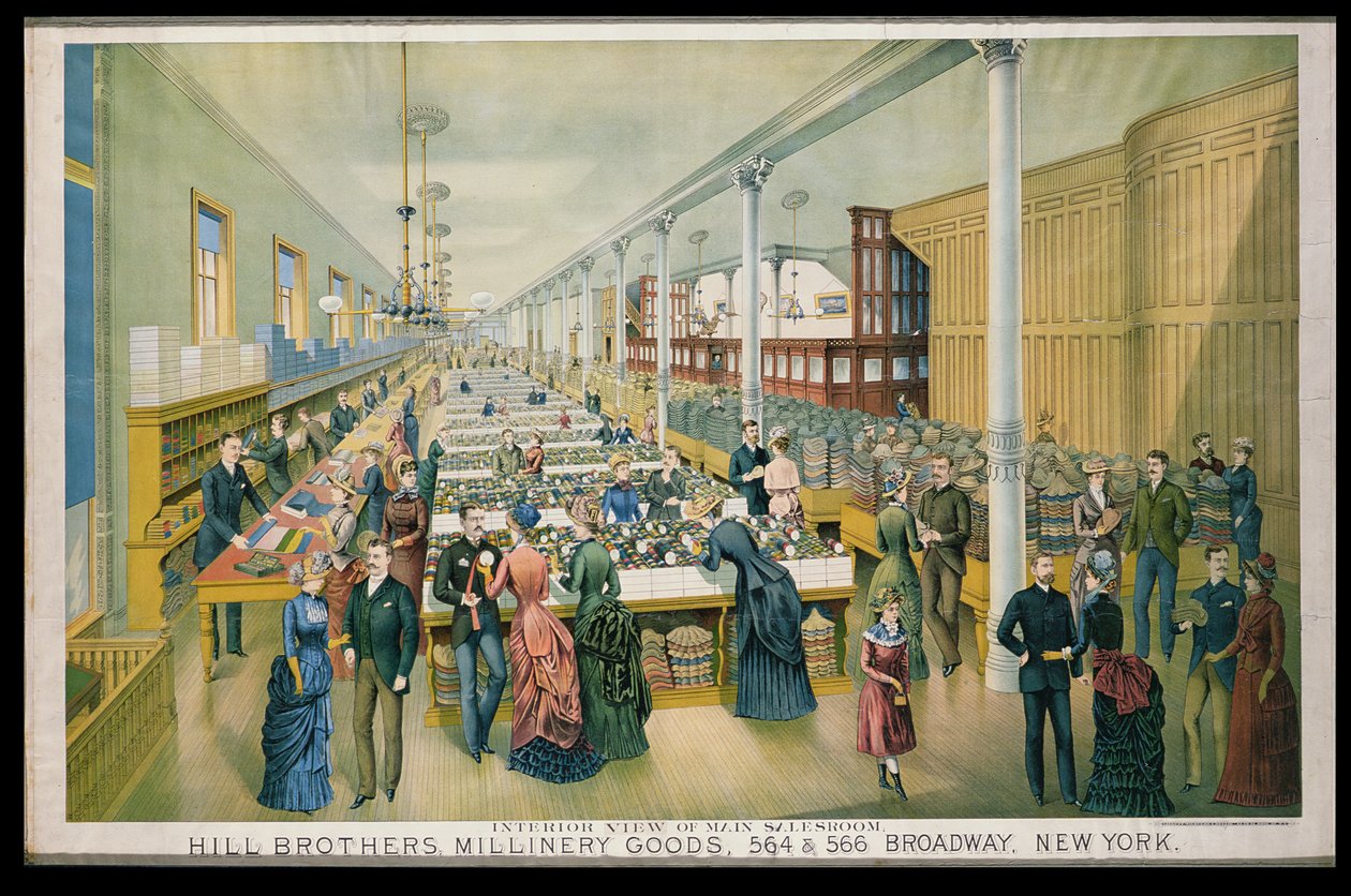 Reklama firmy Hill Bros. Millinery Goods z widokiem na wnętrze głównej sali sprzedaży autorstwa American School
