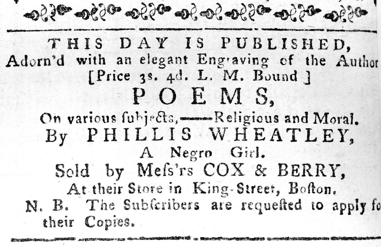 Reklama pierwszej książki Phillisa Wheatleya, z Boston Gazette, 7 lutego 1774 (newsprint) autorstwa American School