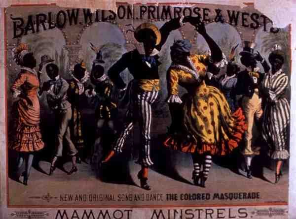 Reklama „Kolorowej maskarady”, Pieśni i tańca mamutów Minstrels, prezentowanych przez Barlowa, Wilsona, Primrose i Westa (kolor lito) autorstwa American School