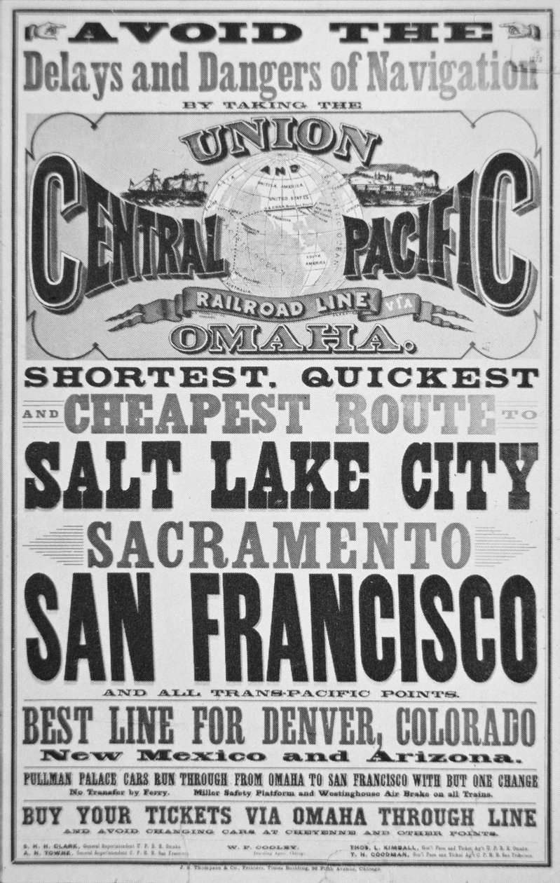 Reklama dla Union and Central Pacific Railroad Line, c.1870 (lito) autorstwa American School