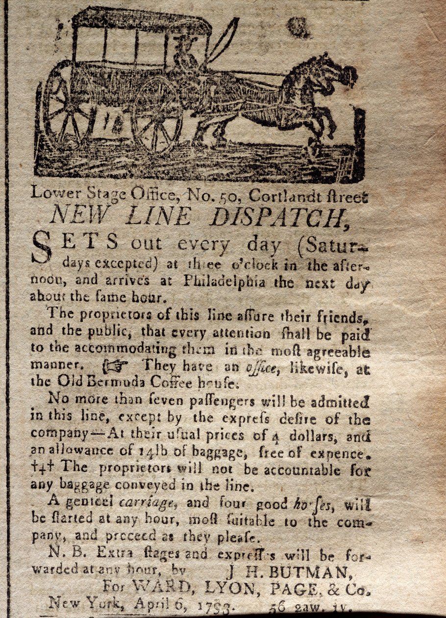 Reklama dla New Line Dispatch, z The New York Journal & Patriotic Register, 6 kwietnia 1793 (druk) autorstwa American School