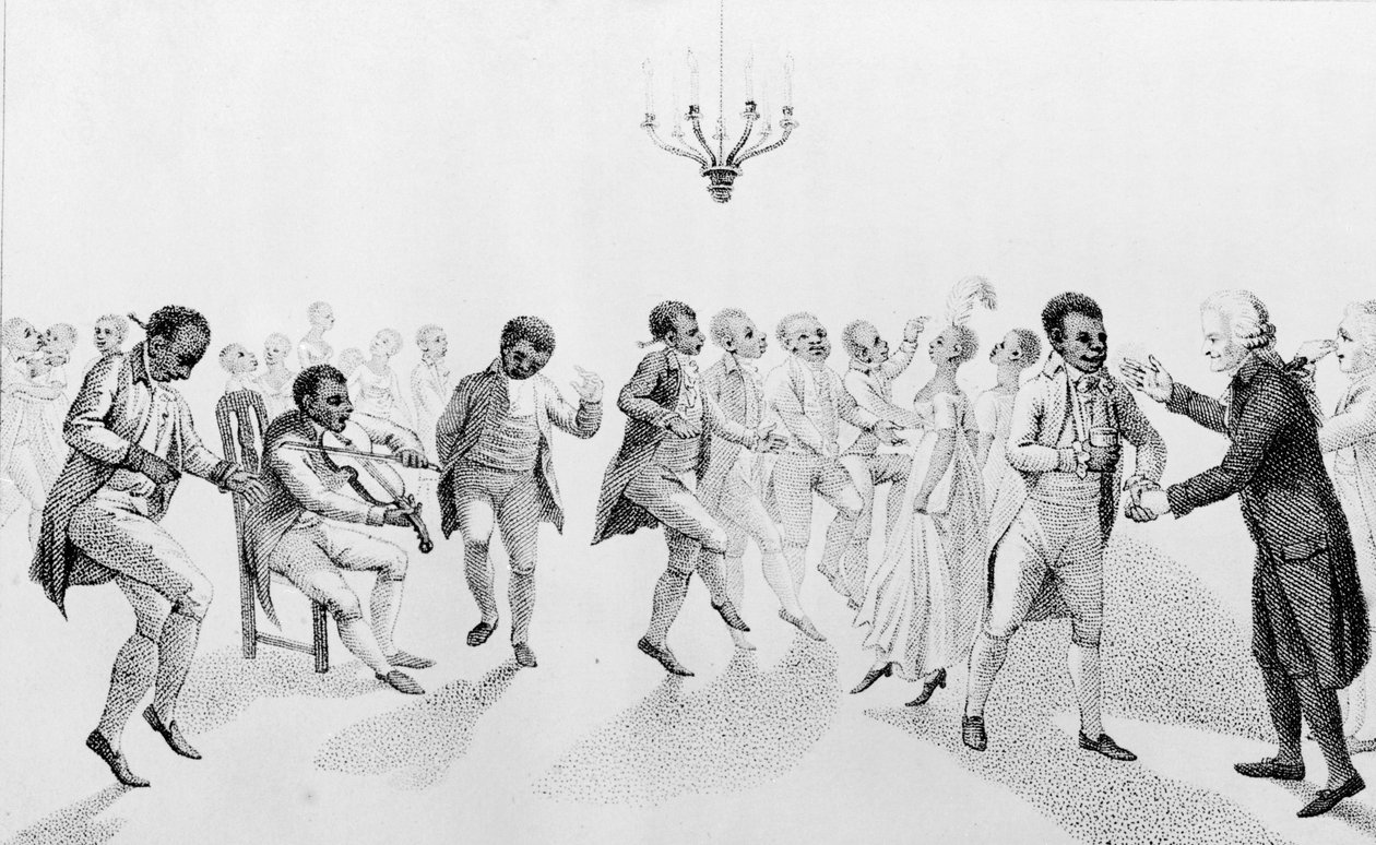 Afroamerykanie na balu z gubernatorem Johnem Hancockiem (1737-93) z Echa, z innymi wierszami Richarda Alsopa (1761-1815) 1807 autorstwa American School