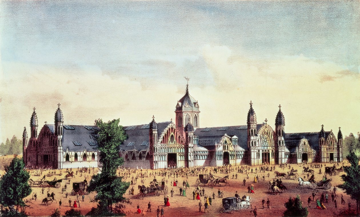 Hala Rolnicza, Wielka Wystawa Stulecia Stanów Zjednoczonych, Fairmount Park, Filadelfia, pub. przez Currier und Ives, 1876 autorstwa American School