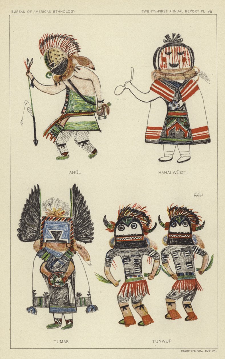 Ahul, Hahai Wuqti, Tumas, Tunwup (kolorowa litografia) autorstwa American School