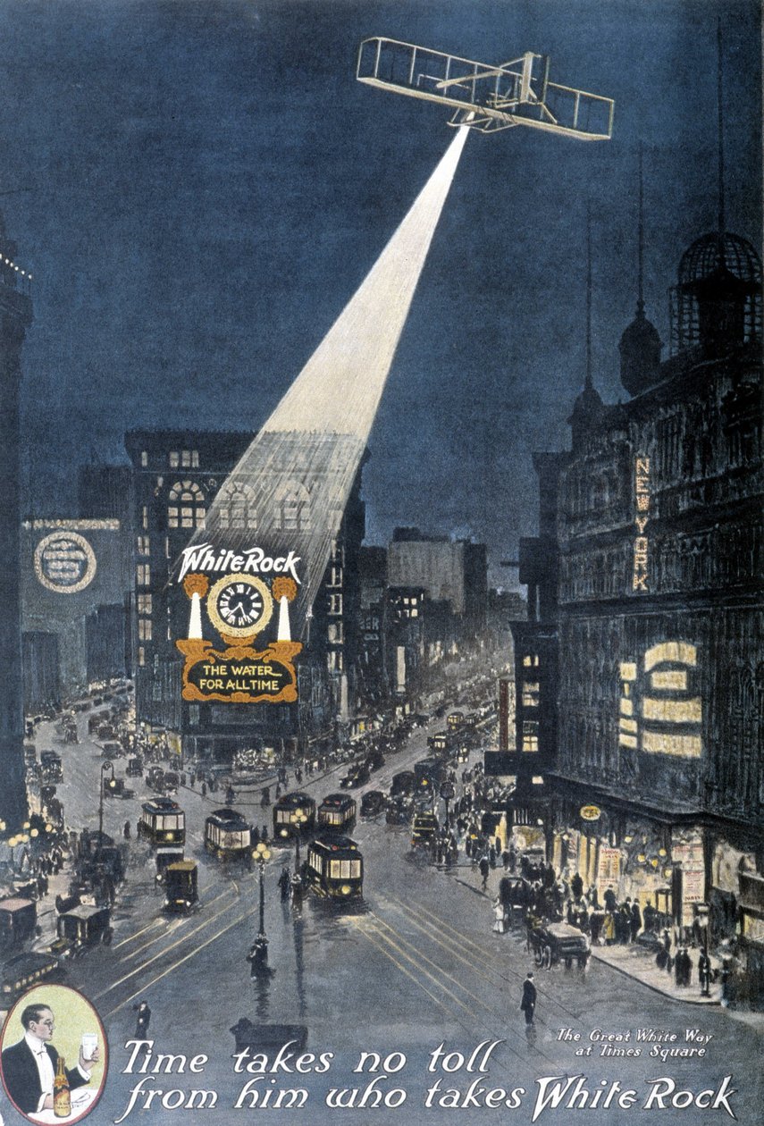 Reklama alkoholu „White Rock”: samolot oświetlający plakat „White Rock” wiszący na budynku na Times Square w Nowym Jorku. 1912. autorstwa American School