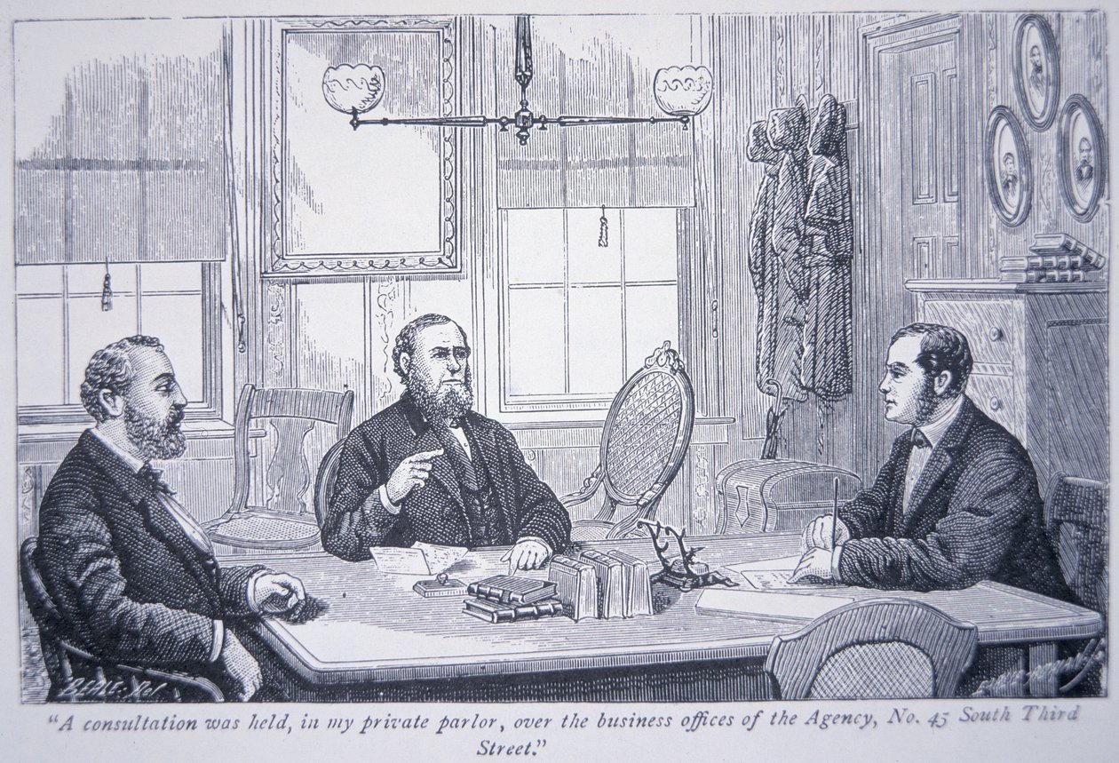 Allan Pinkerton podczas konsultacji z klientami w swoim biurze w Filadelfii autorstwa American School