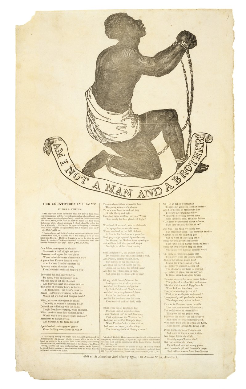 Czyż nie jestem mężczyzną i bratem?, c. 1837 (drewnoryt na papierze tkanym) autorstwa American School