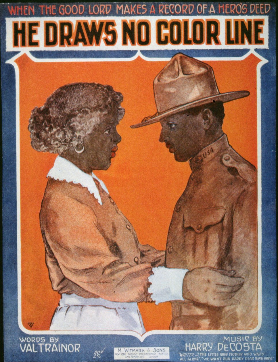 Amerykańska piosenka z I wojny światowej do „On Draws No Color Line” (kolor litograficzny) autorstwa American School