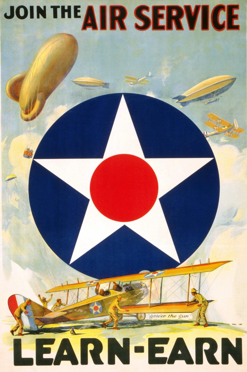 Amerykański plakat „Join the Air Service Learn – zarabiaj.”, redagowany w latach 1917-1920. autorstwa American School