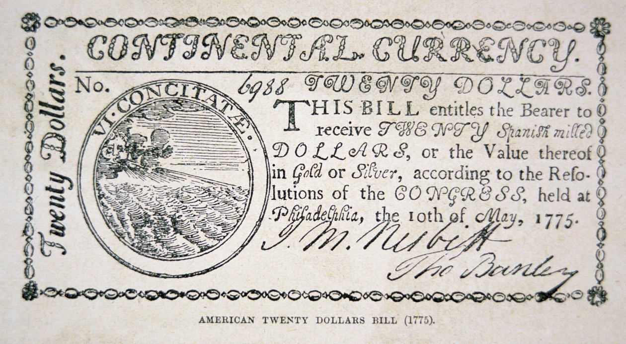 Amerykański banknot dwudziestodolarowy z 1775 r. (lito) autorstwa American School