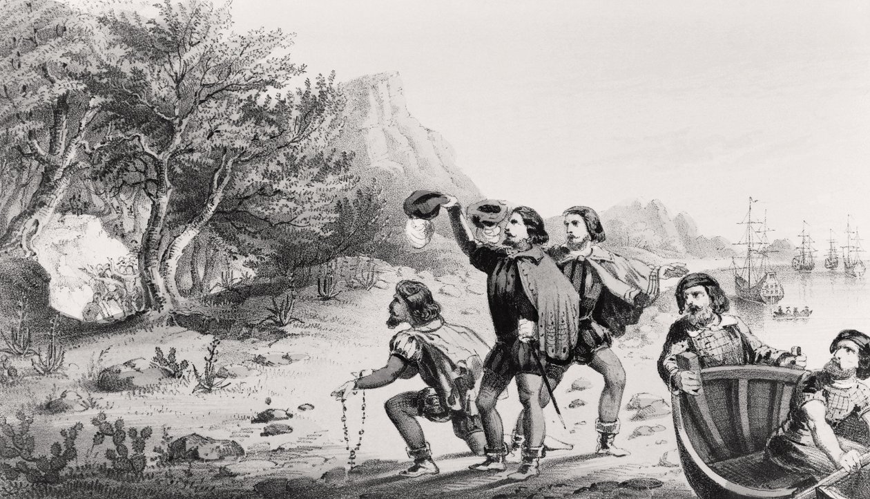 Amerigo Vespucci ląduje w Nowym Świecie, z książki „Życie i podróże Americus Vespucius”, opublikowanej przez Horace Mansfield, New Haven, Connecticut, 1853 autorstwa American School