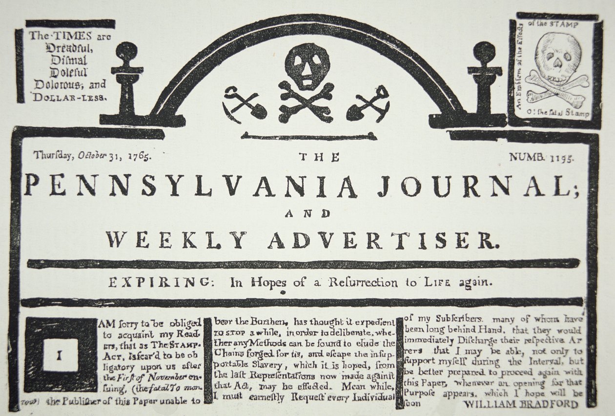 Amerykańska odpowiedź na narzuconą przez Brytyjczyków ustawę stemplową, wyd. w The Pennsylvania Journal and Weekly Advertiser w dniu 31 października 1765 (newsprint) autorstwa American School
